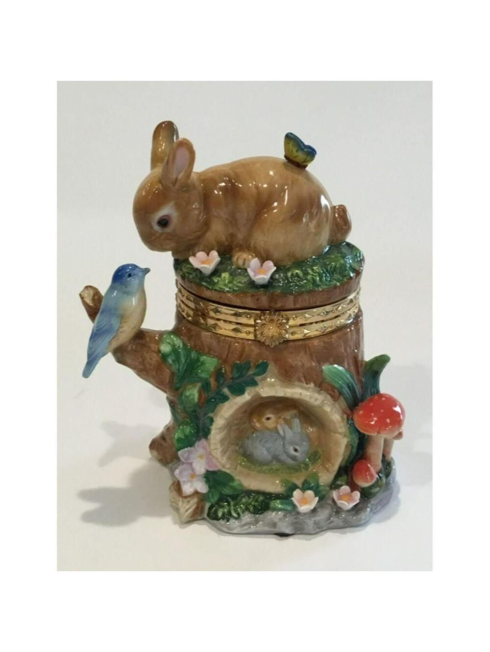 CWC Ceramic Tree Stump Trinket Box with Bunny Rabbit, Bird & Butterfly